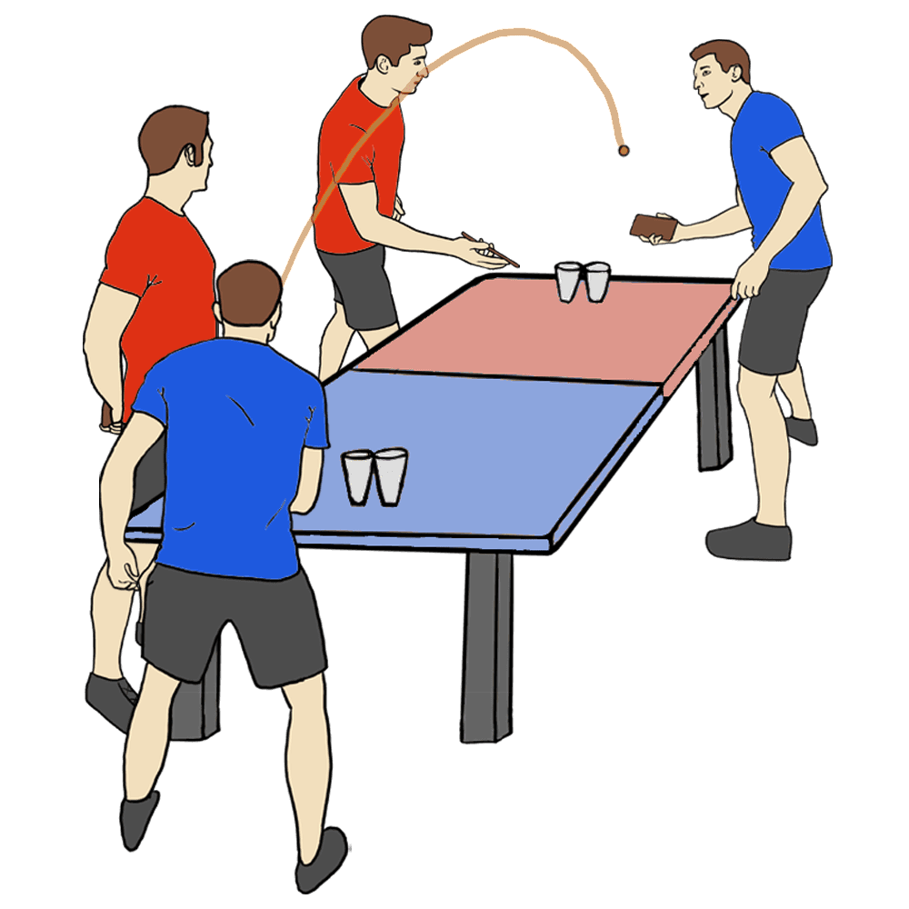 The blue team returns the serve: their setter lobs the ball underhand back across the table toward their attacker, who stands ready beside the red team's cups to strike it.