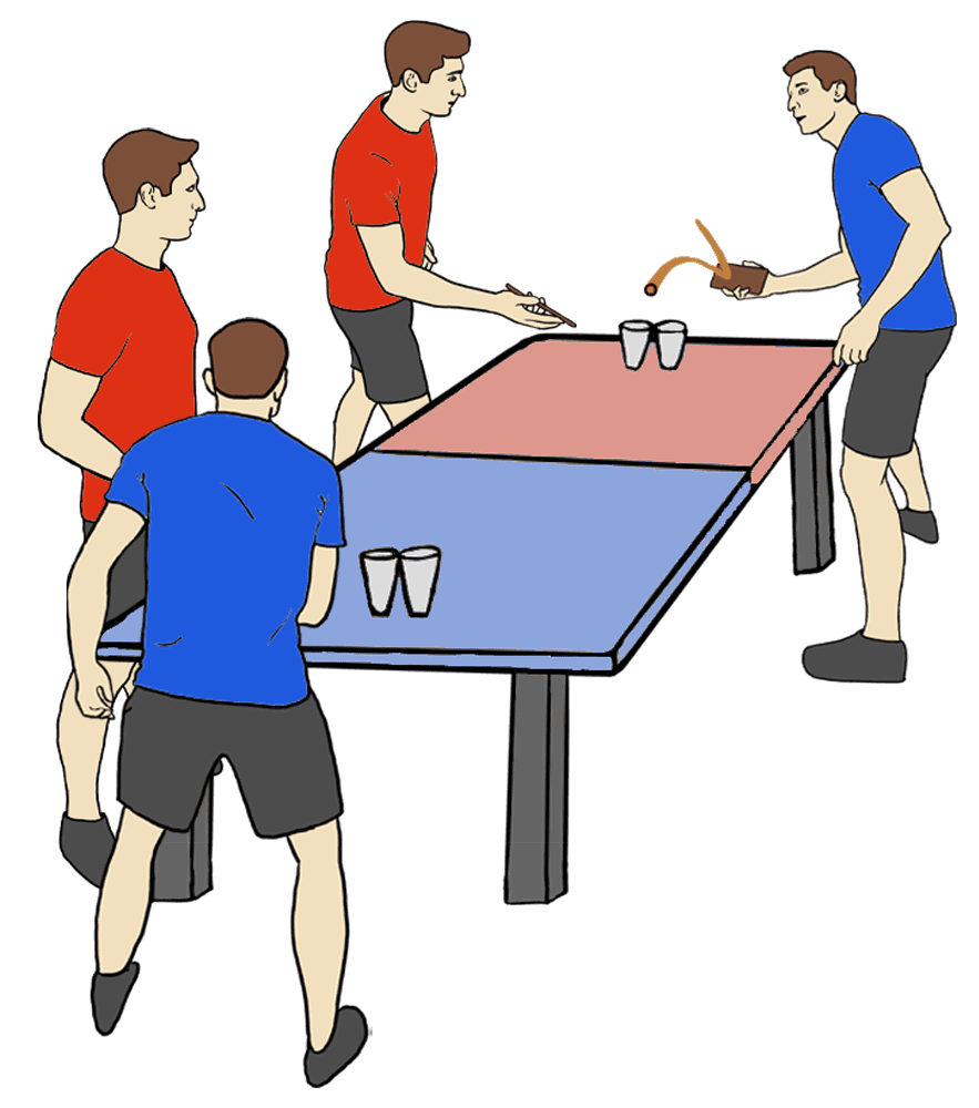 The blue team attacks: their setter has lobbed the ball across the table and their attacker swings underhand at the red team's cups, trying to score.