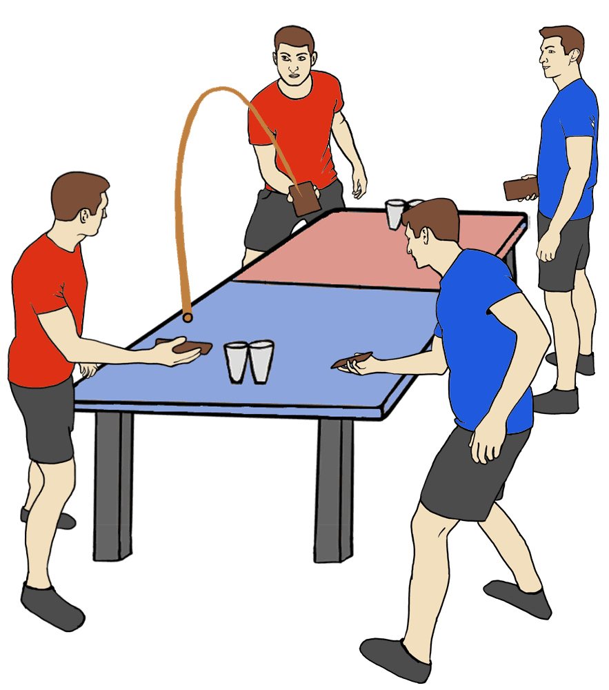 The red team's attacker strikes the set toward the blue team's cups, trying to score and keep the rally going.