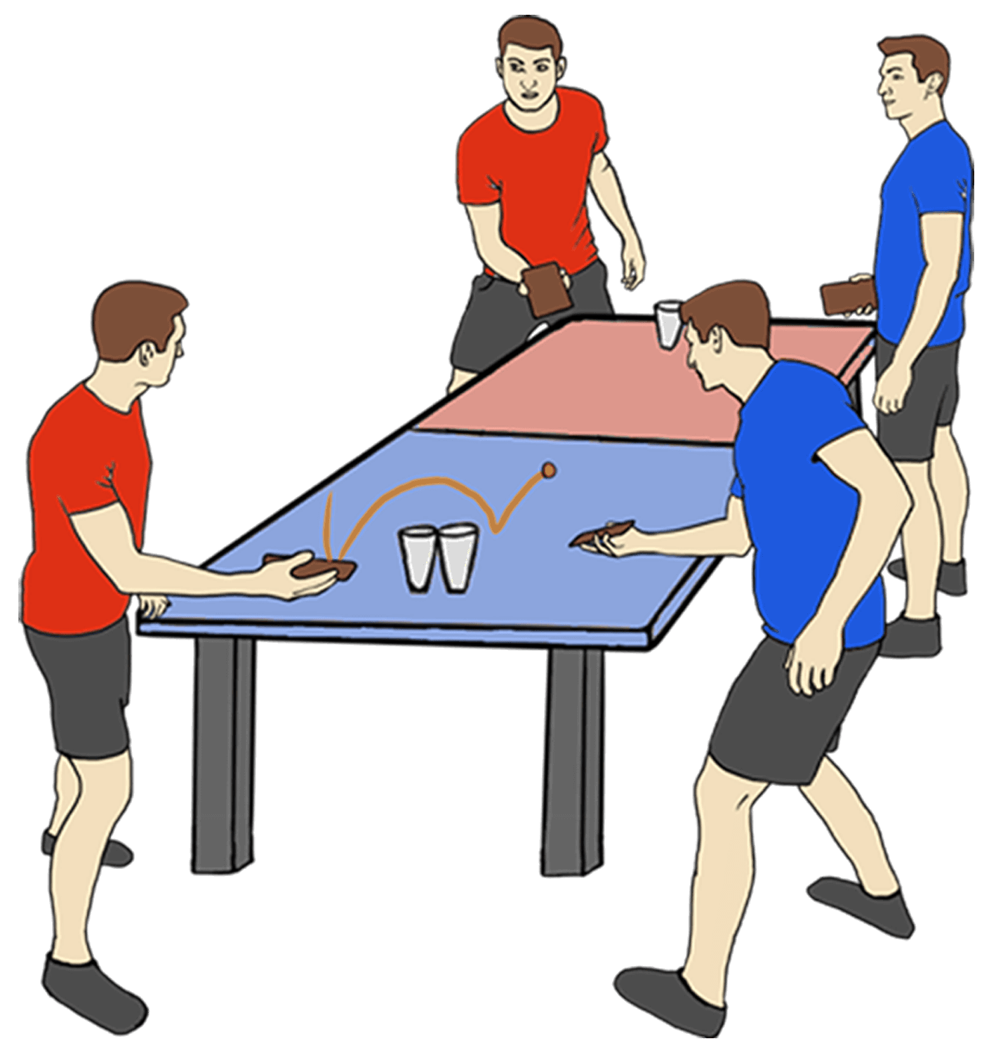 The red team's attacker strikes the set back toward the blue team's cups, completing the possession needed to clear the staged point.