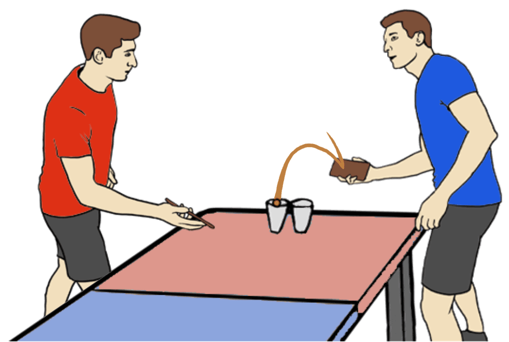 The blue team's attacker sinks the ball directly into one of the red team's cups for a +2 point score, ending the rally.