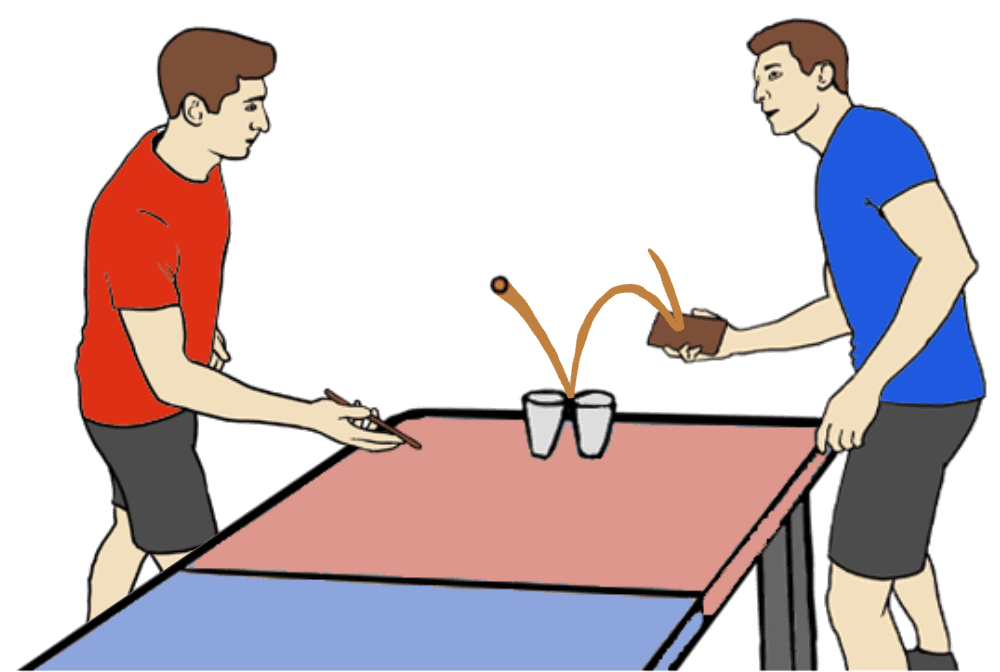 The blue team's attacker sinks the ball directly into one of the red team's cups for a +2 point score, ending the rally.