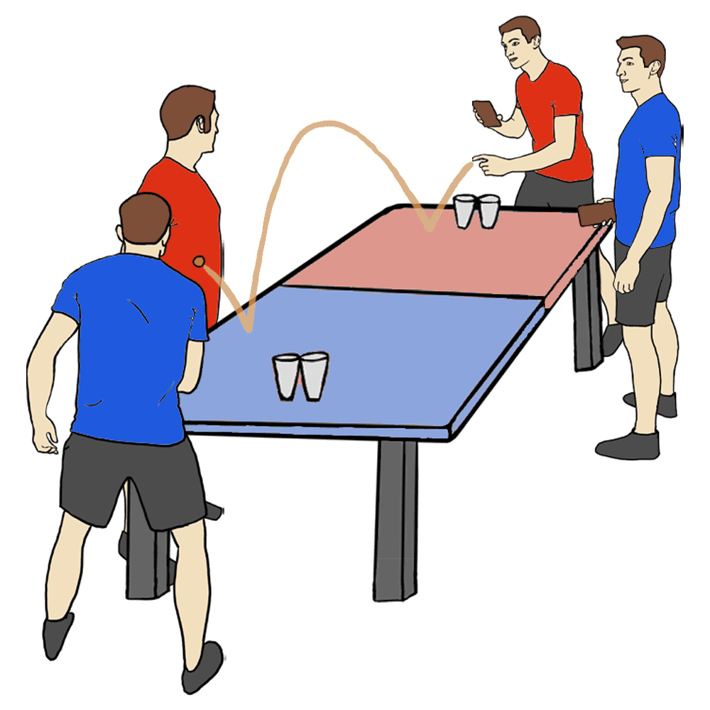 The red team's setter serves: the ball bounces once on the server's side, arcs over the center line above chest height, and bounces once on the receiving blue team's side, where their setter waits to return it.
